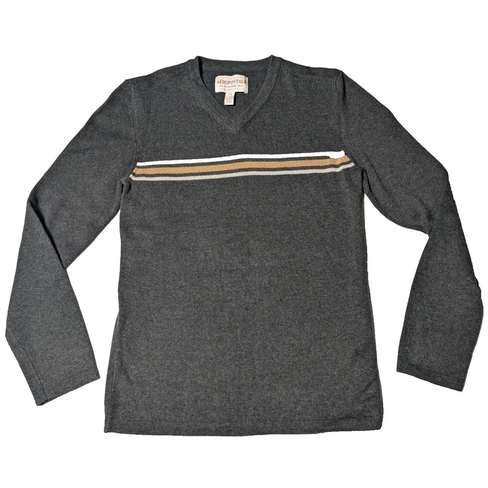 AEROPOSTALE Men Medium Gray Cotton Acrylic V-Neck Pullover Sweater EUC
